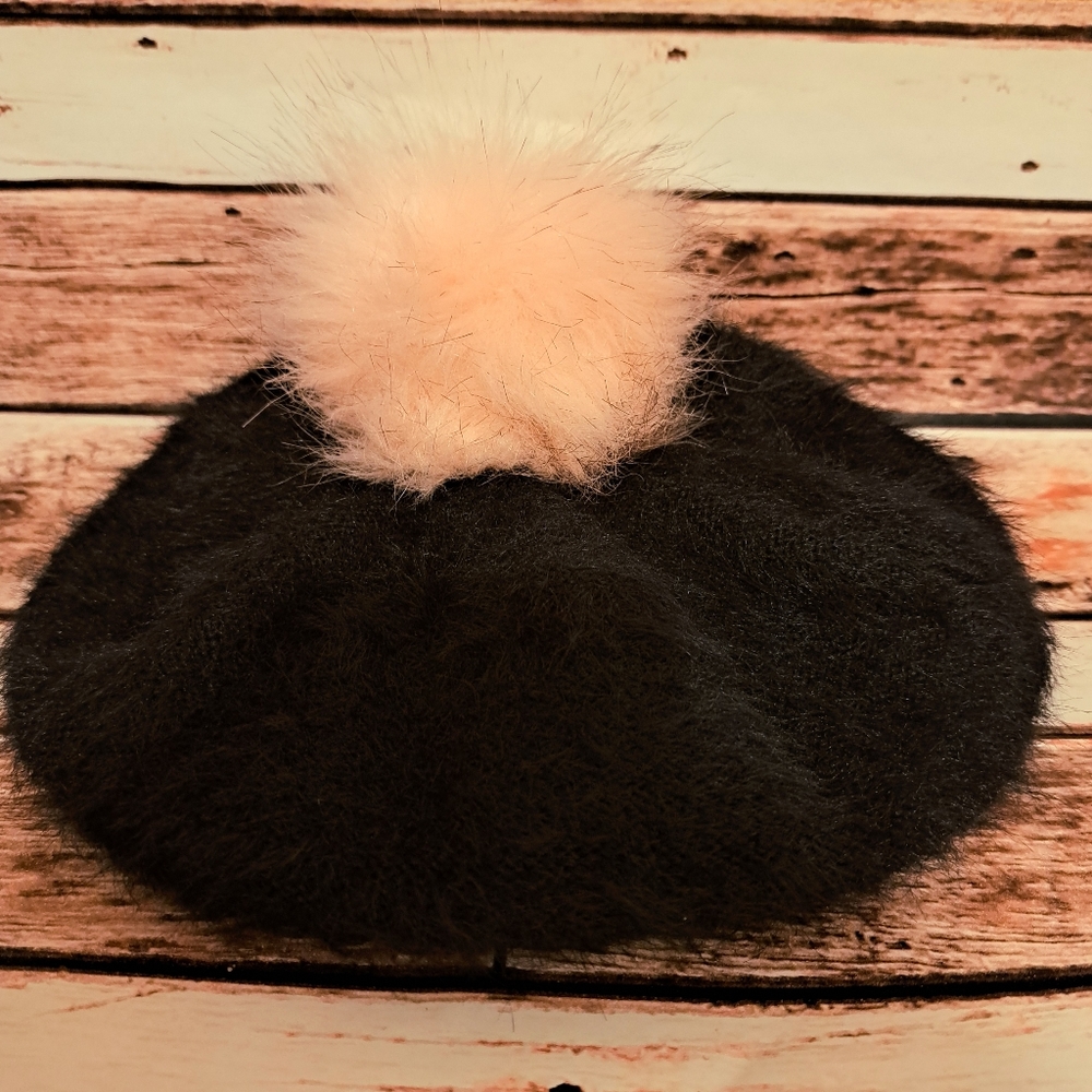 Children's place black faux fur with pink fur pom pom winter hat